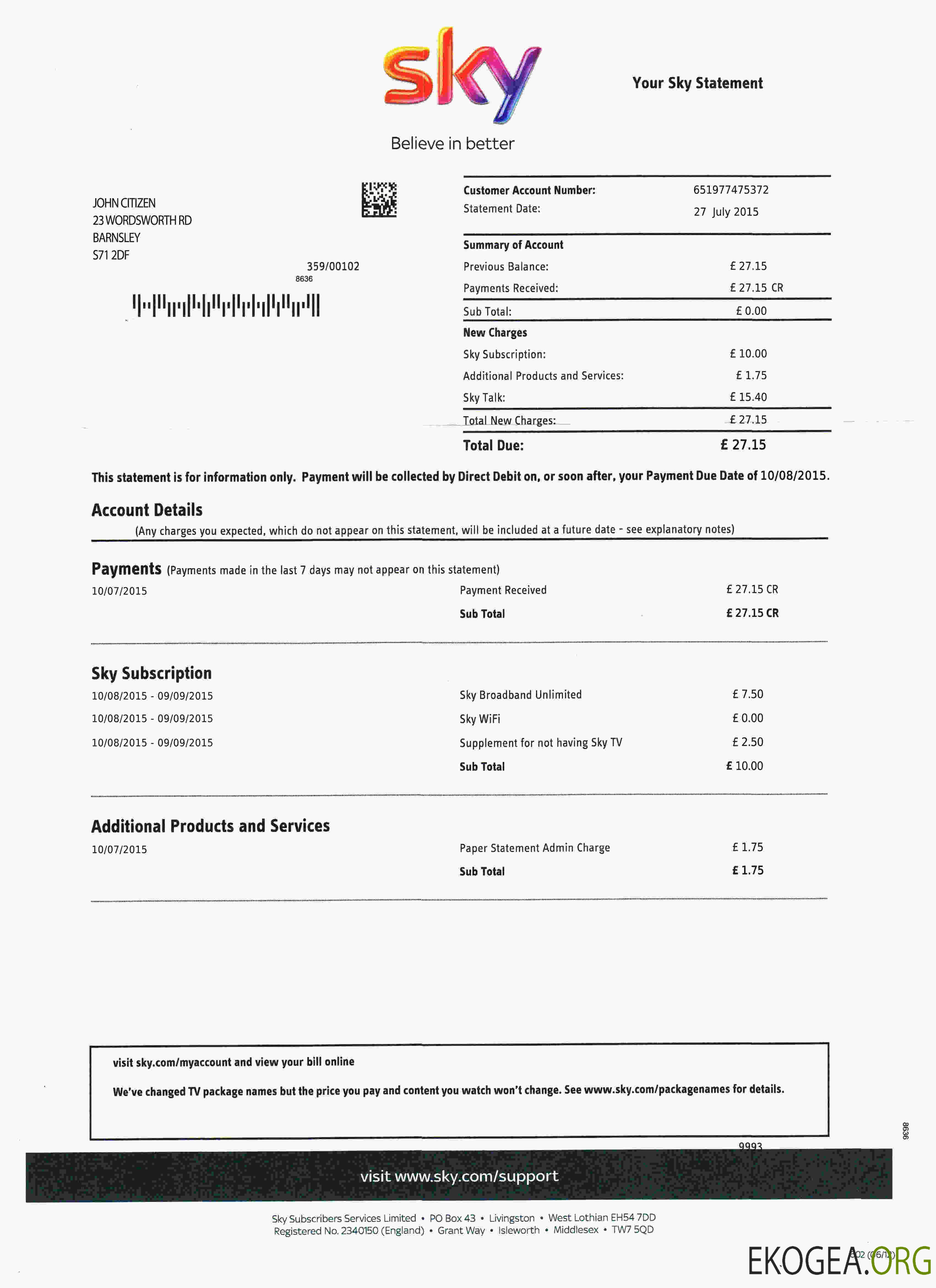 United Kingdom Sky utility bill template, fully editable in PSD format